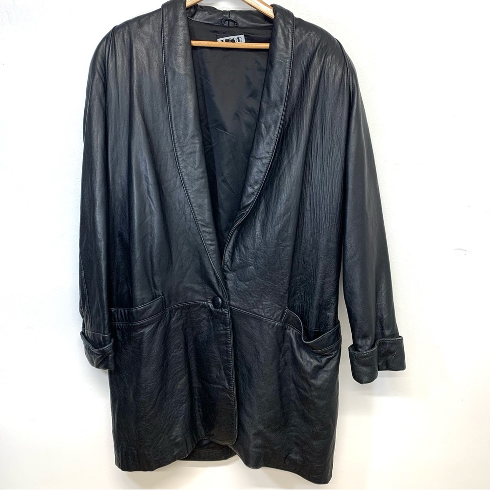 Vintage  Tibor Leather‎ Coat Woman XL Black  90s Mid Length Pockets 1 Button
